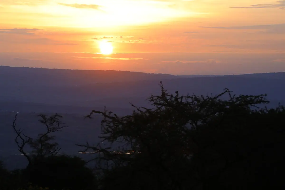 The sun setting over a dark ridge with thorn trees