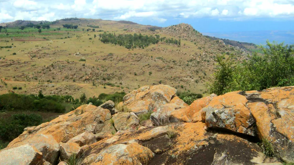 Des rochers couverts de lichen orange au-dessus du flanc d’une colline dans l’est du Rwanda