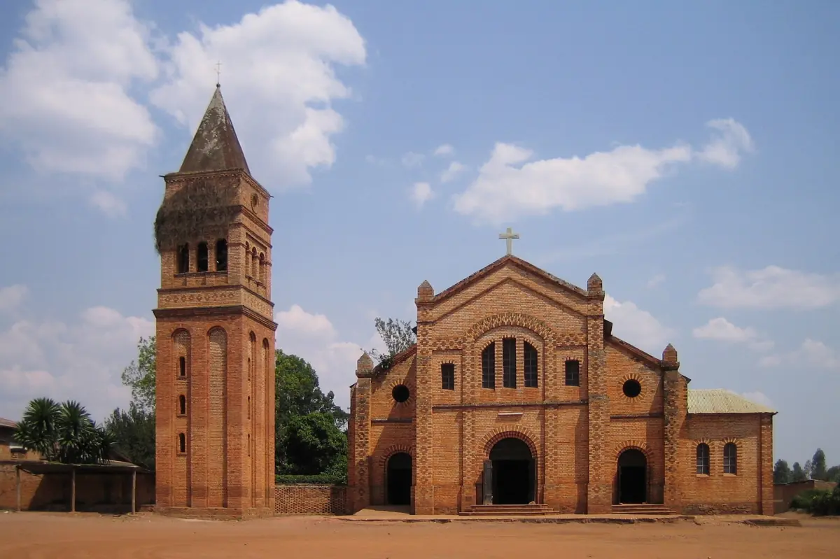 A brick church with a bell tower in Rwamagana